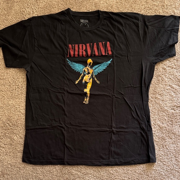 NIRVANA Black Tee with Angel and Red Text - Picture 1 of 2